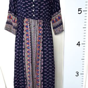 Miusol Dark Blue Paisley Maxi Sundress 3/4 Cuffed Sleeves Large BOHO Hippie